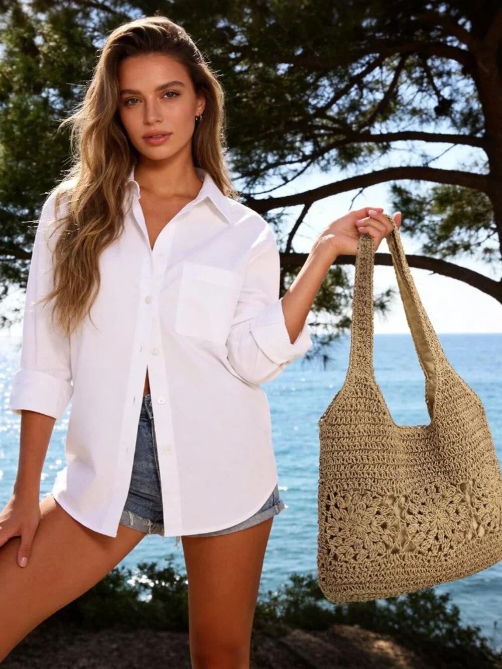 Beach Bag, Straw Beach Bags for Women, Floral Designed Beach Tote Lightweight Fo - Picture 7 of 7
